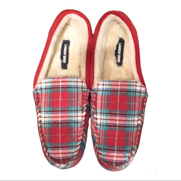 Lands' End Shoes - Land’s End Red, Suede, Plaid, Flannel Slippers, Size 9B